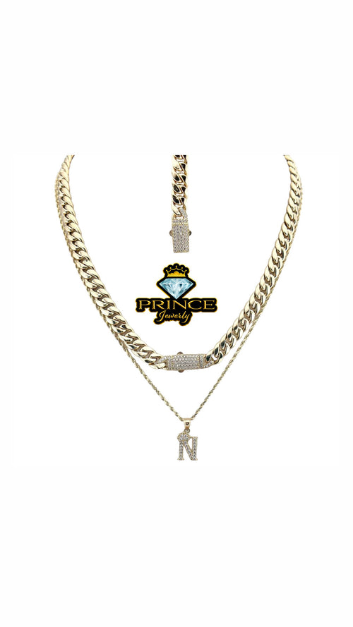 14kt gold chocker set and rope chain with initial pendant